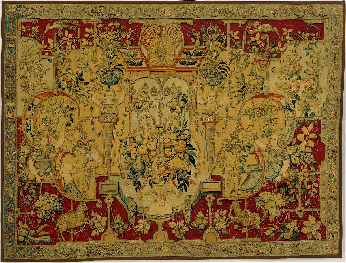 Panel with grotesques, from a set of bed hangings, related to the prints of Cornelis Floris II (Netherlandish, Antwerp before 1514–1575 Antwerp), Silk, wool, silver and silver-gilt thread (20-22 warps per inch, 8-9 per cm.), Netherlandish, Brussels 