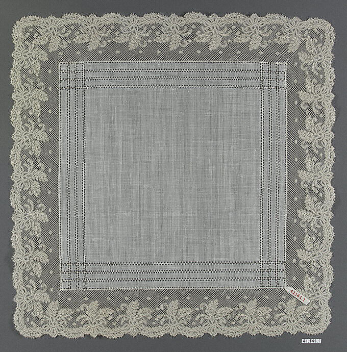 Handkerchief, Bobbin lace, Valenciennes lace, drawnwork, linen, French 