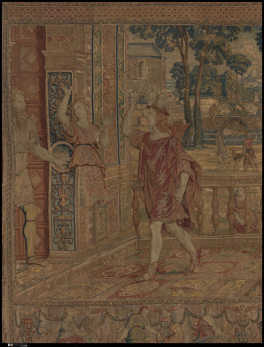 Mercury Changes Aglauros to Stone, from the Story of Mercury and Herse, Design attributed to Giovanni Battista Lodi da Cremona (Italian, active 1540–52), Wool, silk and precious metal-wrapped threads (20-22 warps per inch, 8-9 warps per cm.), Netherlandish, Brussels