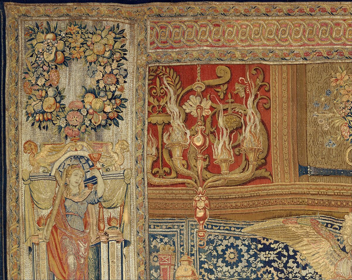 Aglauros’s Vision of the Bridal Chamber of Herse, from the Story of Mercury and Herse, Design attributed to Giovanni Battista Lodi da Cremona (Italian, active 1540–52), Wool, silk and precious metal-wrapped threads (20-22 warps per inch, 8-9 warps per cm.), Netherlandish, Brussels