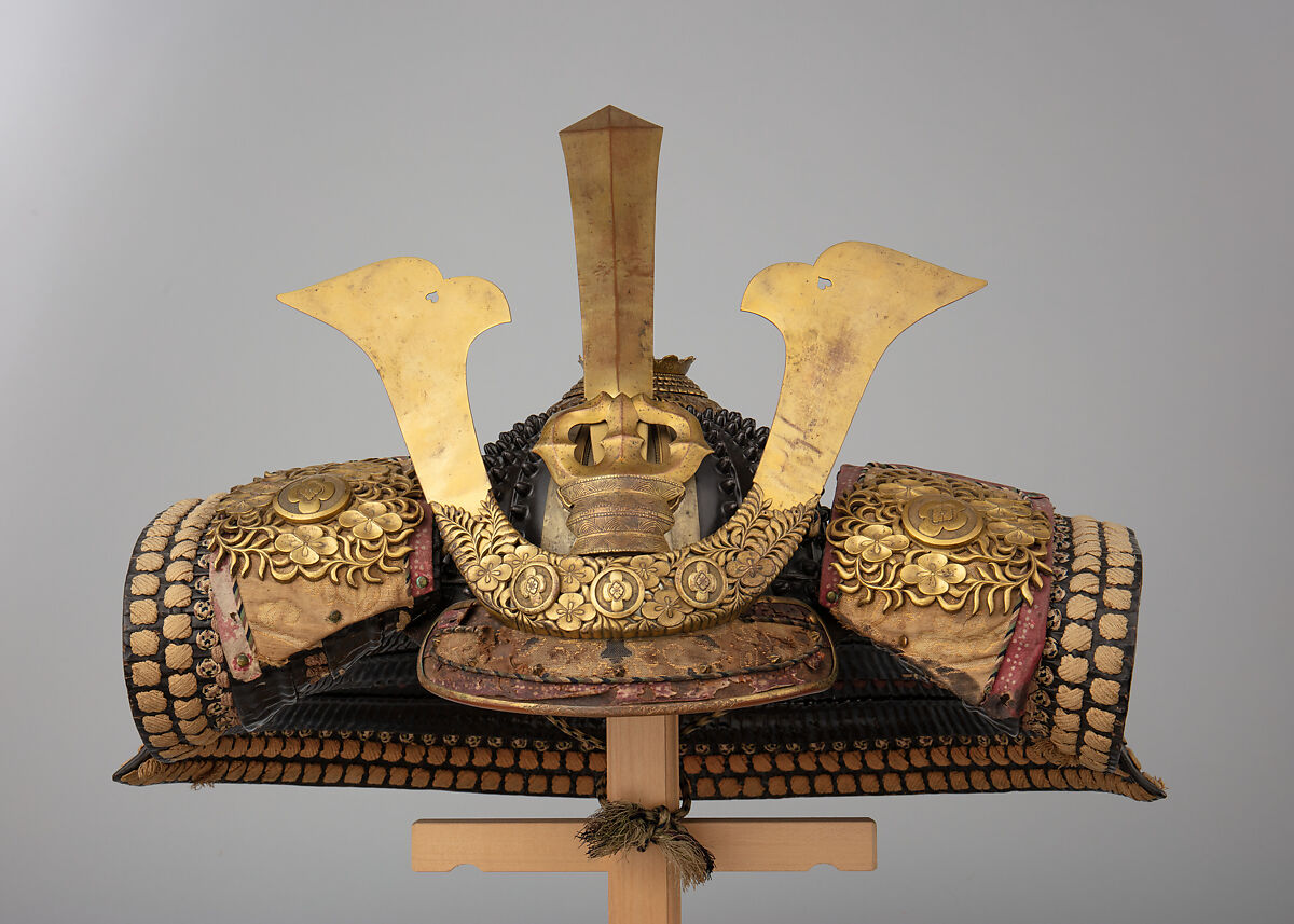 Helmet (<i>Hoshi Kabuto</i>) and Mask with Gorget, Iron, lacquer, gilt copper, leather, silk, Japanese 