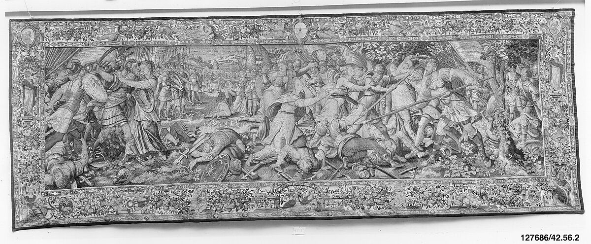 The Sabine Women Stopping the Battle between the Romans and the Sabines from the Story of the Romans and the Sabines, Nicolas van Orley (active 1570–1585), Wool, silk (19-21 warps per inch, 7-9 per cm.), Flemish, Brussels or Antwerp 