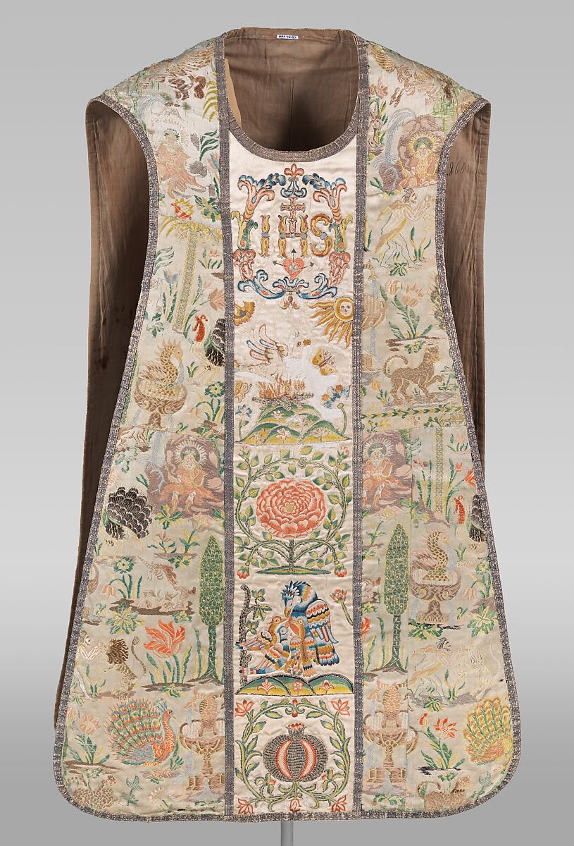 Chasuble, Silk satin, brocaded with chenille and silk; Orphrey: silk satin, embroidered with silk and metal-wrapped thread, Portuguese
