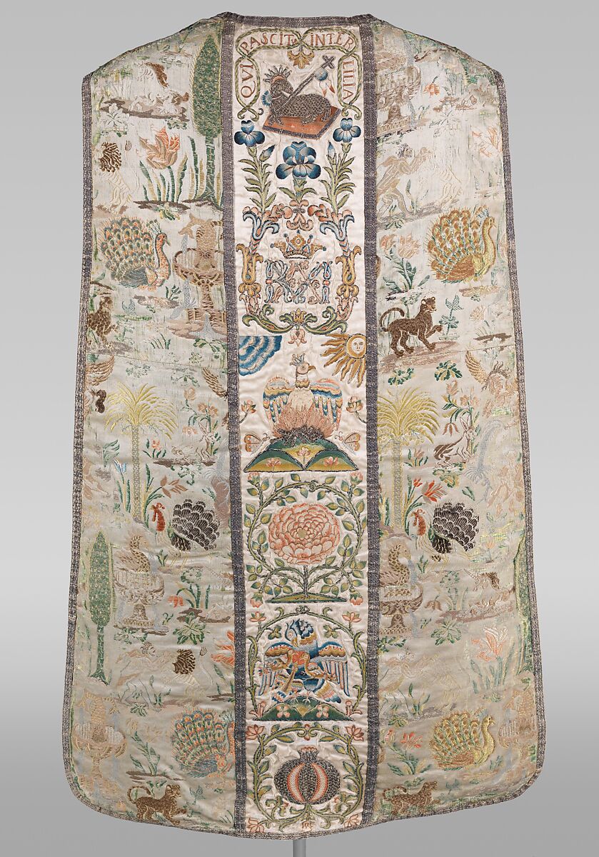 Chasuble, Silk satin, brocaded with chenille and silk; Orphrey: silk satin, embroidered with silk and metal-wrapped thread, Portuguese 