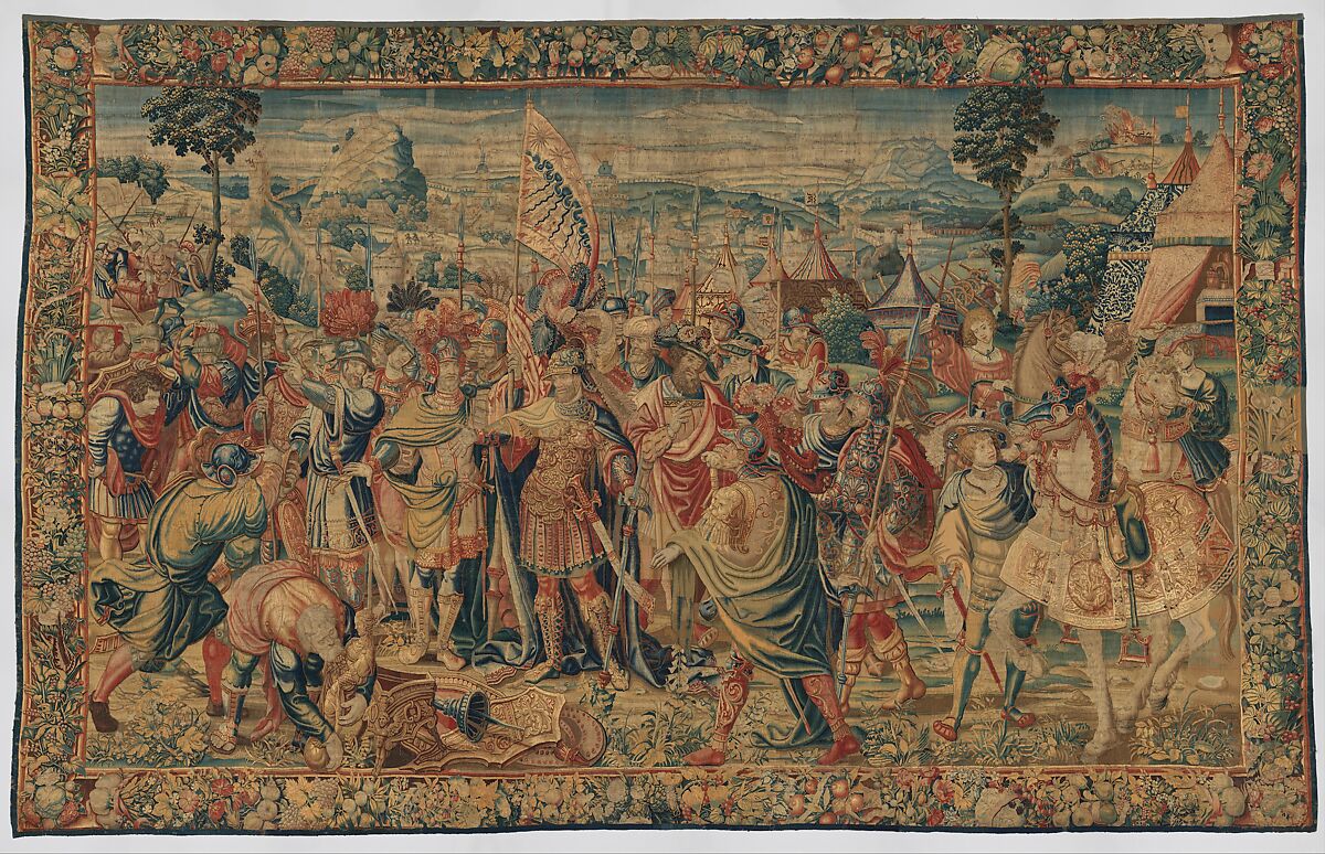 Agamemnon musters the Greek troops at Aulis from the “Story of Iphigenia”, Design attributed to Pieter Coecke van Aelst (Netherlandish, Aelst 1502–1550 Brussels), Wool, silk (16-17 warps per inch, 6-7 per cm.), Netherlandish, Brussels 