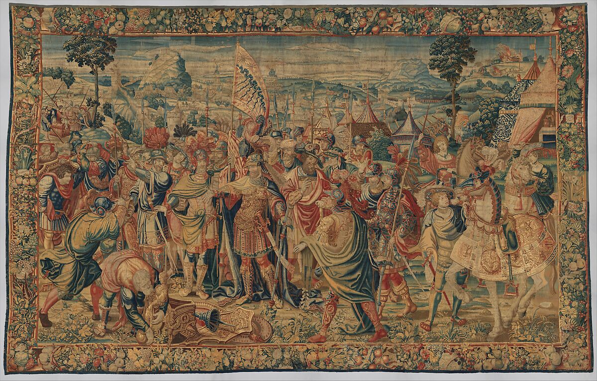 Agamemnon musters the Greek troops at Aulis from the “Story of Iphigenia”, Design attributed to Pieter Coecke van Aelst (Netherlandish, Aelst 1502–1550 Brussels), Wool, silk (16-17 warps per inch, 6-7 per cm.), Netherlandish, Brussels