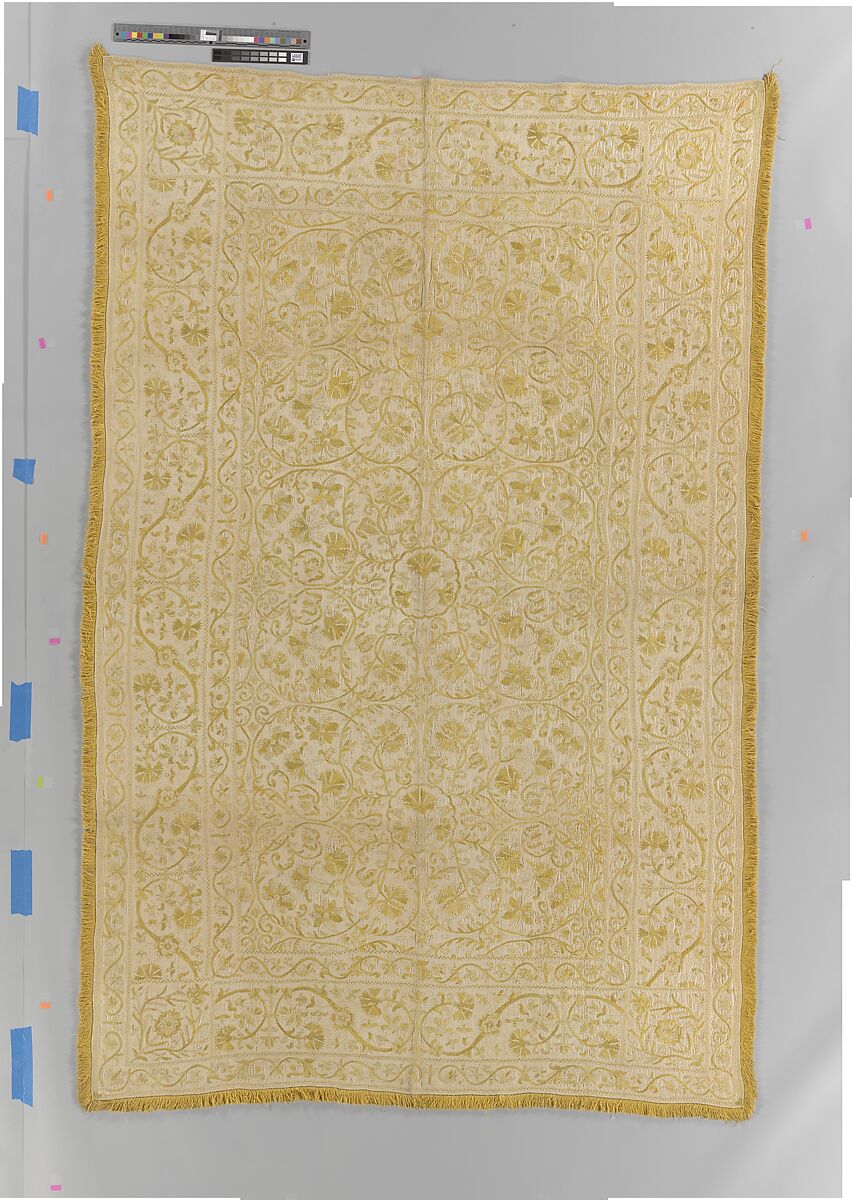 Table cover, Linen embroidered with silk, Spanish or Portuguese