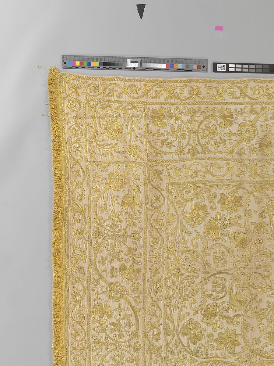 Table cover, Linen embroidered with silk, Spanish or Portuguese