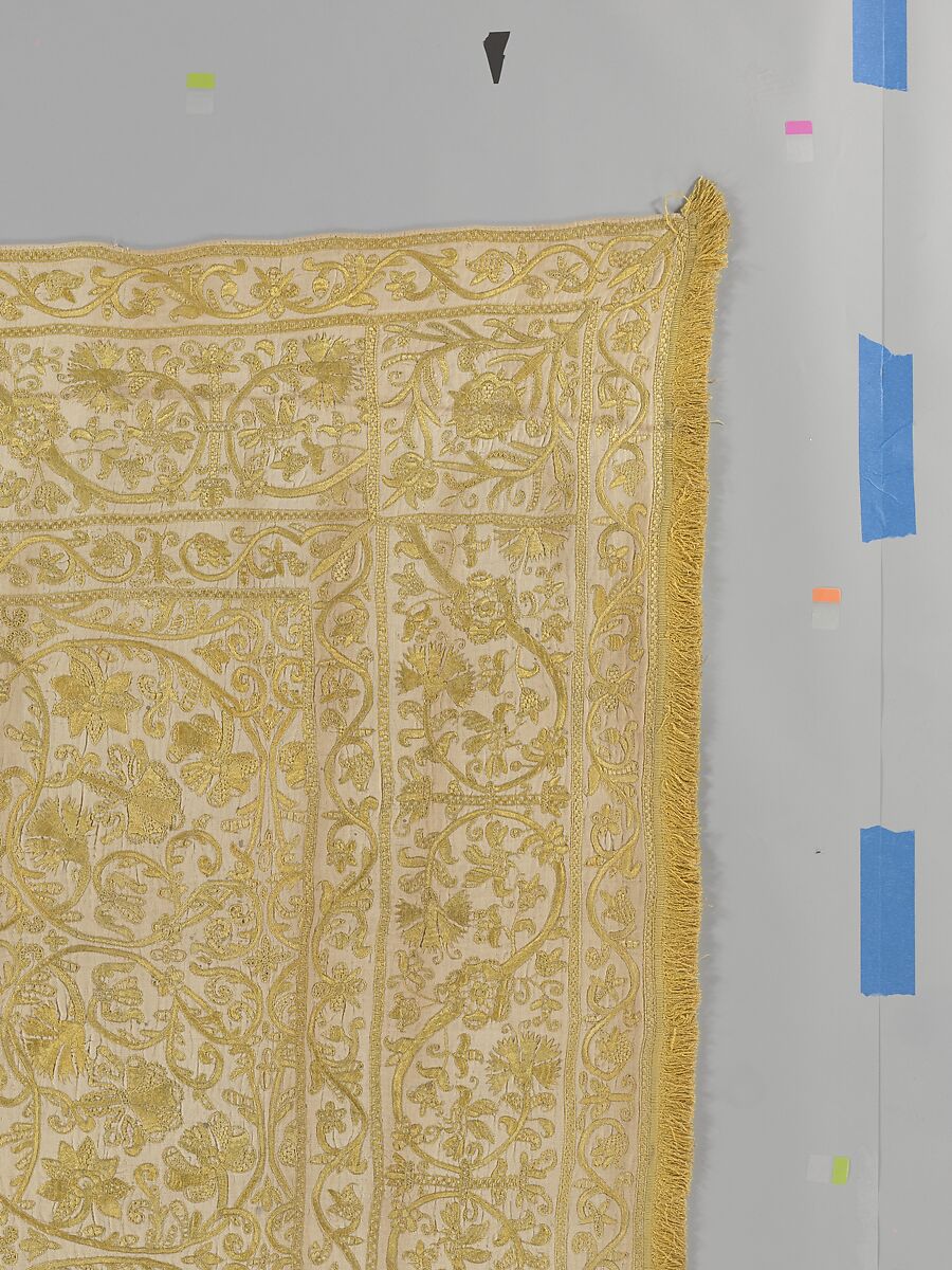 Table cover, Linen embroidered with silk, Spanish or Portuguese