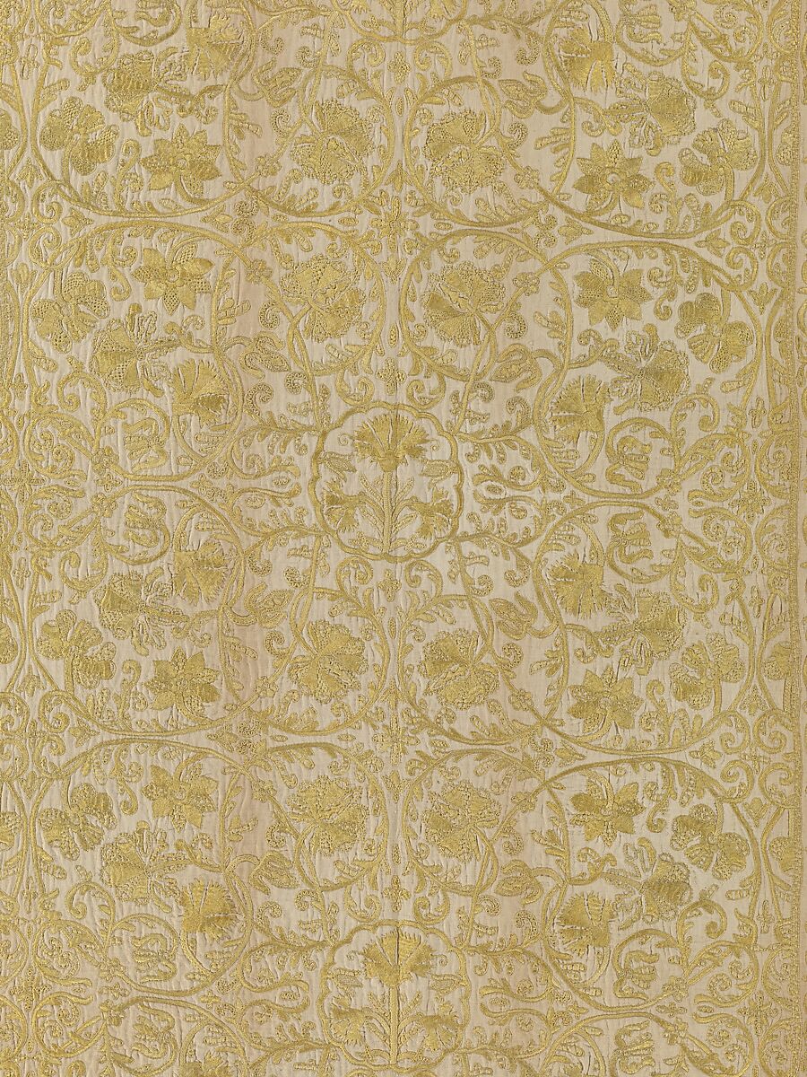 Table cover, Linen embroidered with silk, Spanish or Portuguese