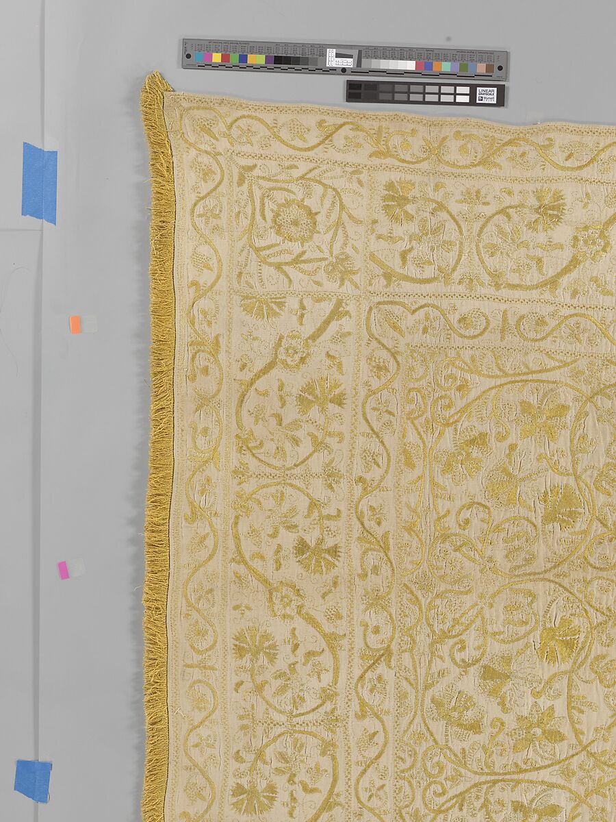 Table cover, Linen embroidered with silk, Spanish or Portuguese