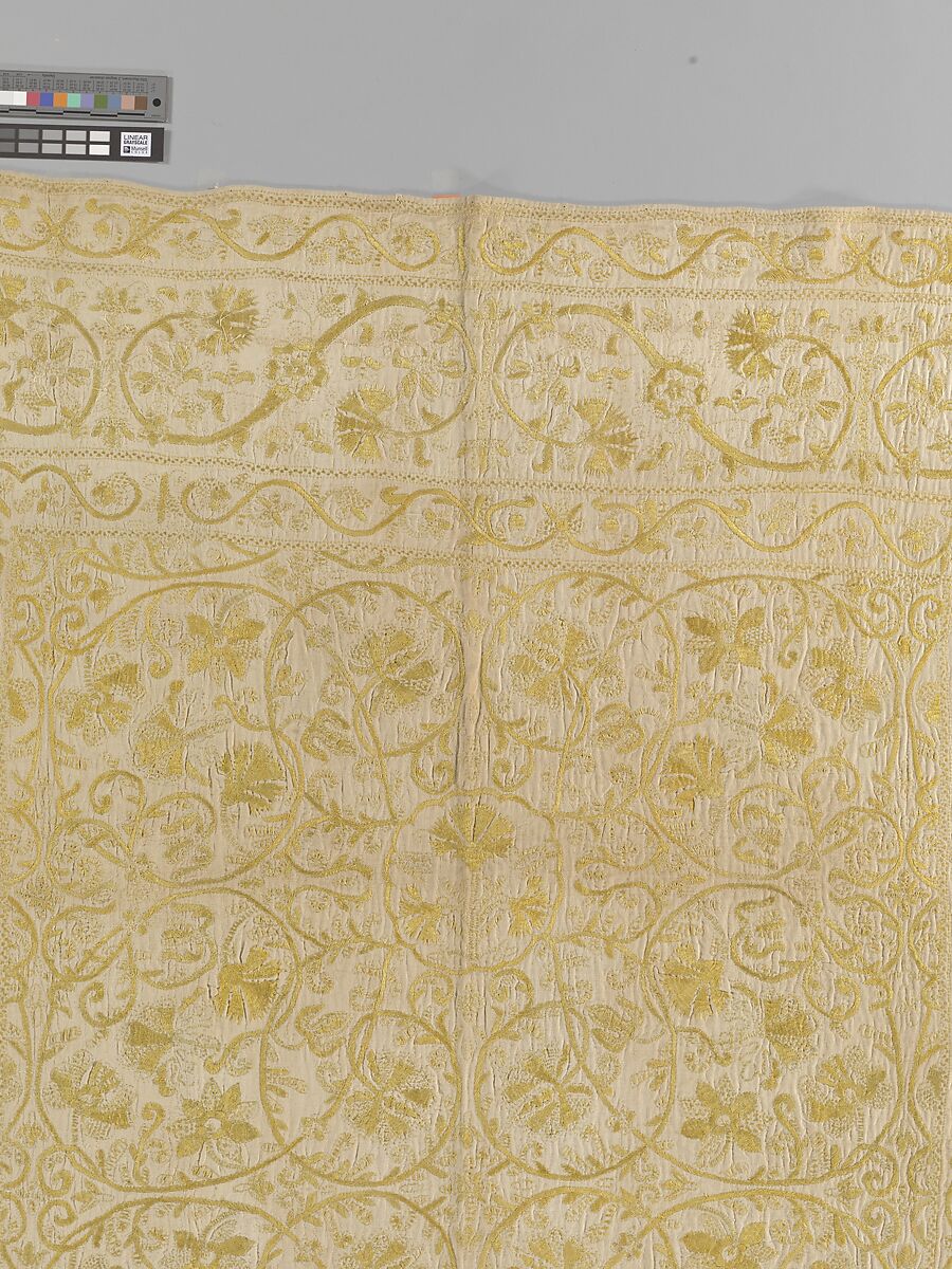 Table cover, Linen embroidered with silk, Spanish or Portuguese