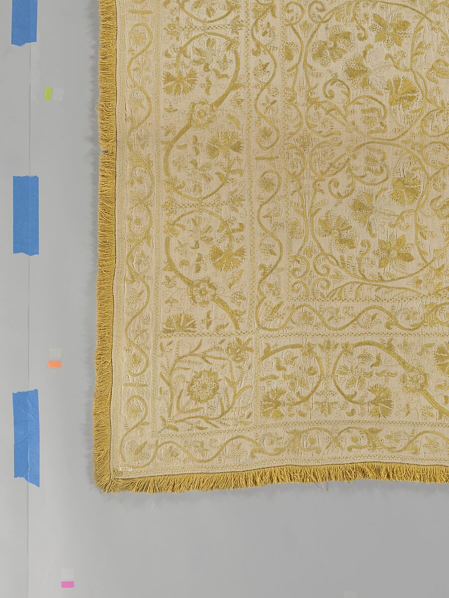 Table cover, Linen embroidered with silk, Spanish or Portuguese