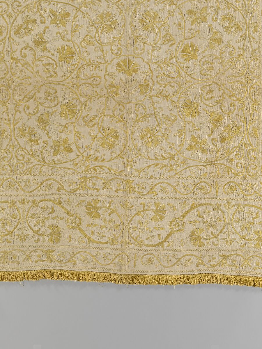 Table cover, Linen embroidered with silk, Spanish or Portuguese