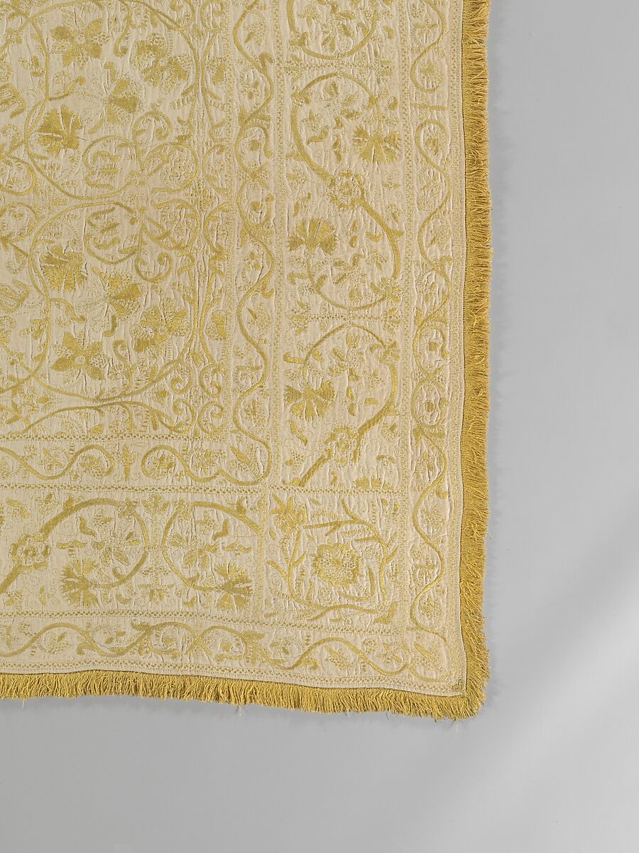 Table cover, Linen embroidered with silk, Spanish or Portuguese