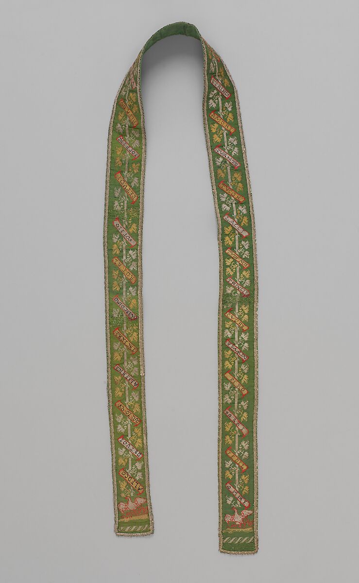 Belt or girdle with a woven love poem, Tapestry weave band with silk and metal thread, Italian 