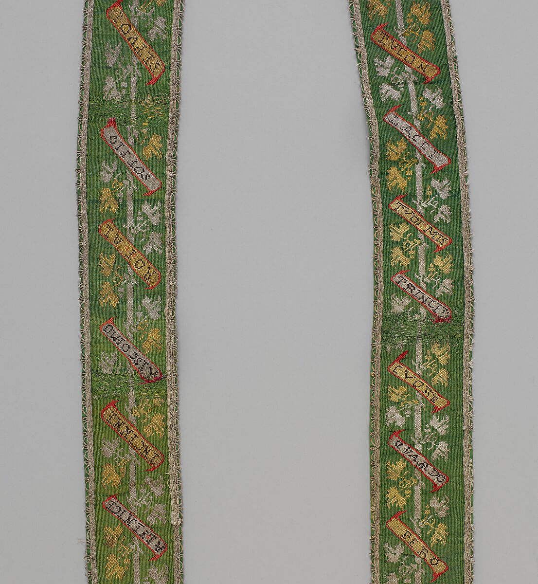 Belt or girdle with a woven love poem, Tapestry weave band with silk and metal thread, Italian