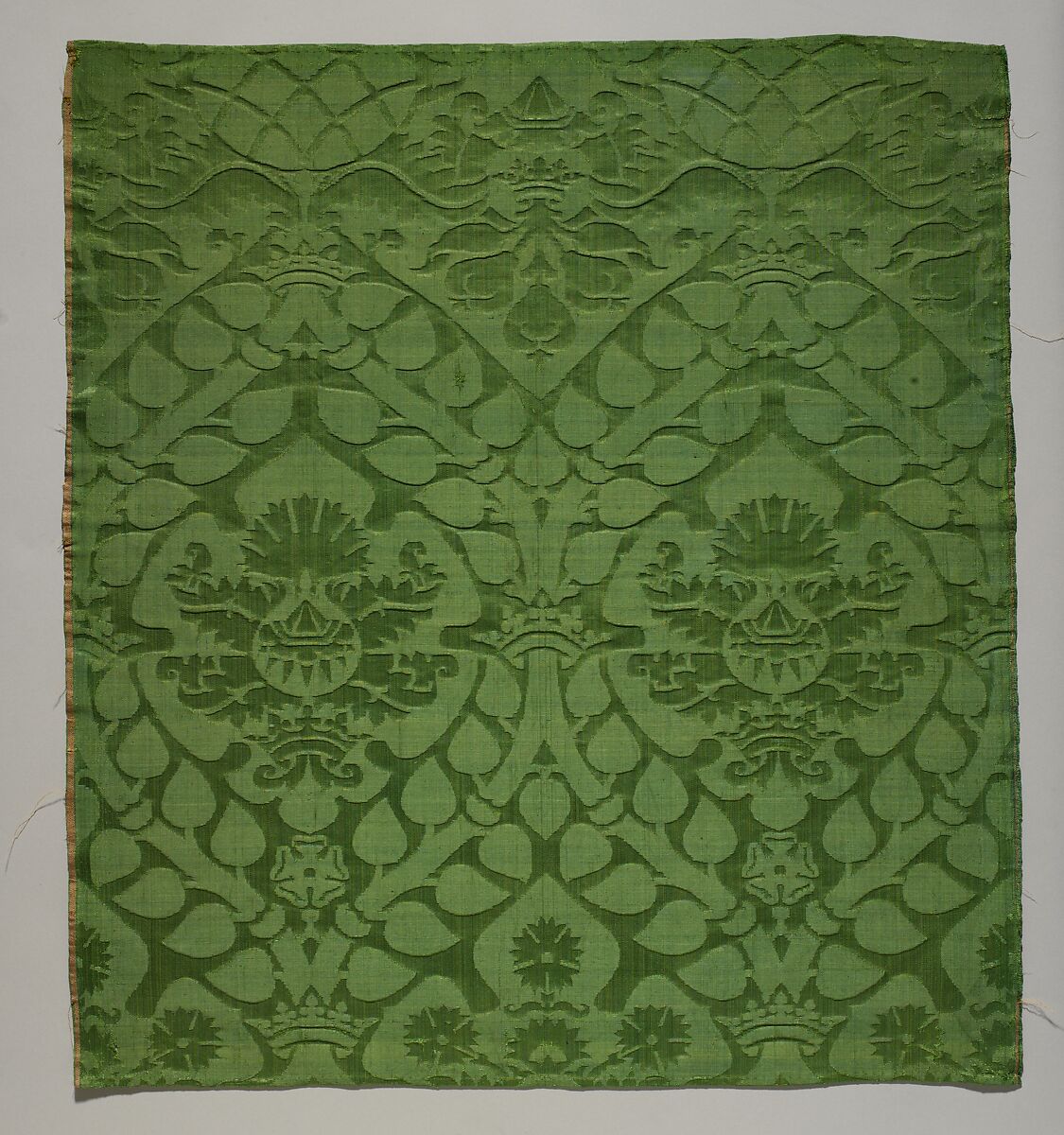 Fragment of damask with marriage emblems, Silk, Italian