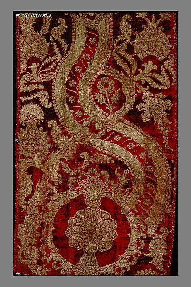 Panel of velvet, Silk and metal-wrapped thread, pile-on-pile cut, voided and brocaded velvet with metal-wrapped thread loops, Italian 