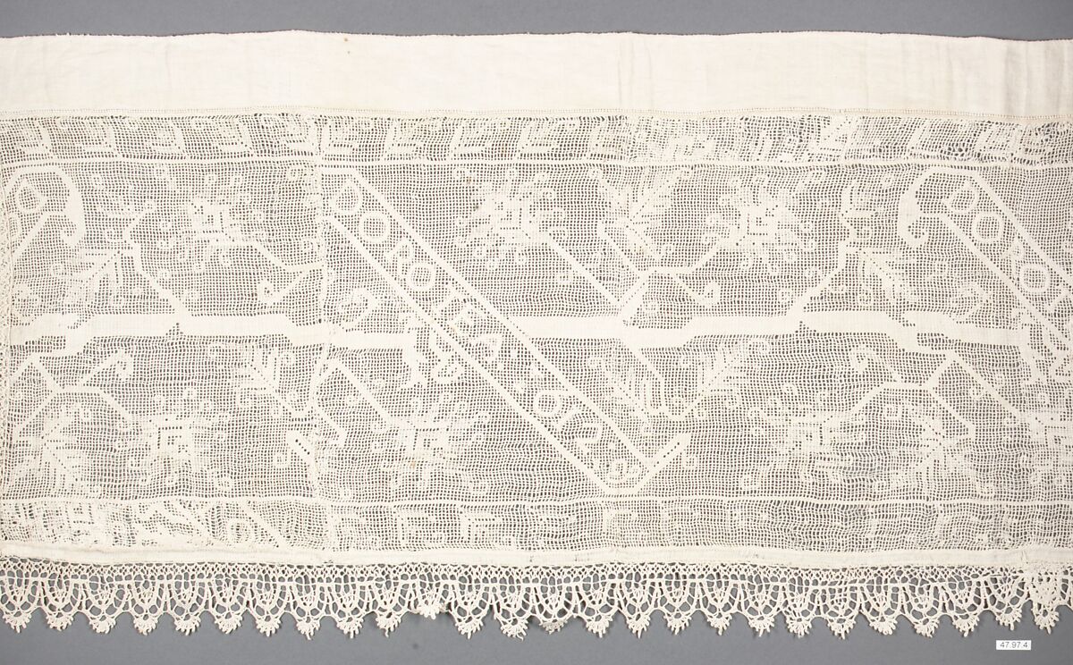 Border, Embroidered net, buratto, bobbin lace, linen, Italian 