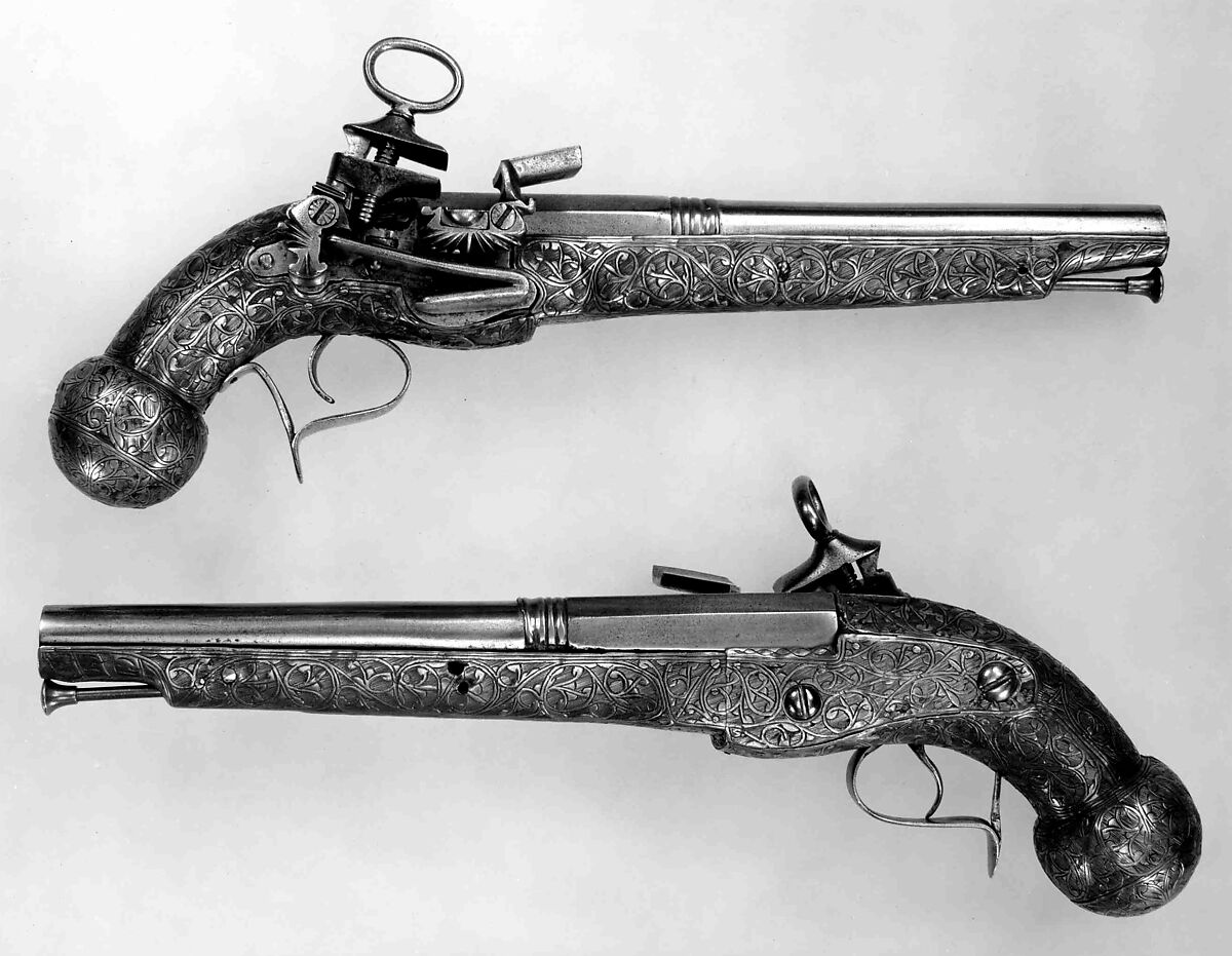 Pair of Miquelet Pistols, Steel, wood, brass, Spanish, Catalonia 