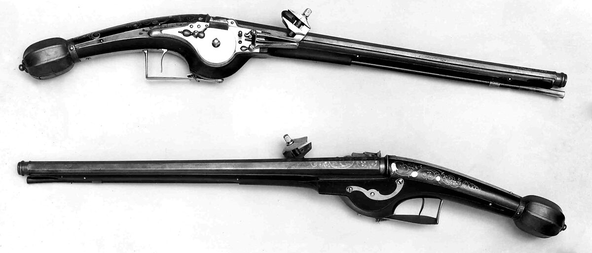 Pair of Wheellock Pistols, Pierre Le Bourgeois (French, Lisieux, died 1627), Steel, gold, wood, silver, mother-of-pearl, French, Lisieux 