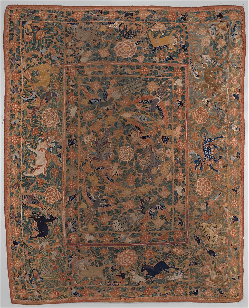 Panel with flowers, birds, and animals, Silk, embroidered with silk and gilt-paper-wrapped thread, Chinese, for export market