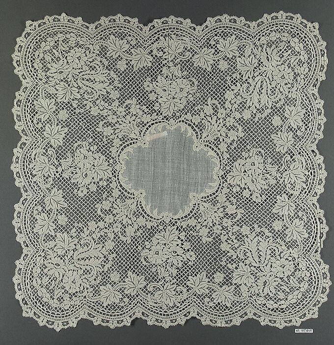 Handkerchief, Linen and bobbin lace, British, Honiton 