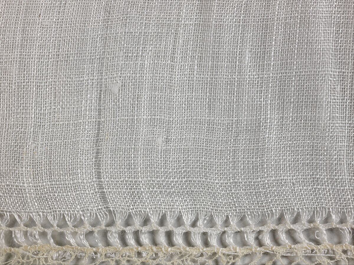 Handkerchief, Plain weave and bobbin lace; warp: undyed linen, Z spun, 42 per cm; weft: undyed linen, Z spun, 26 per cm; lace: undyed linen, 2 Z spun, S plied, Belgian