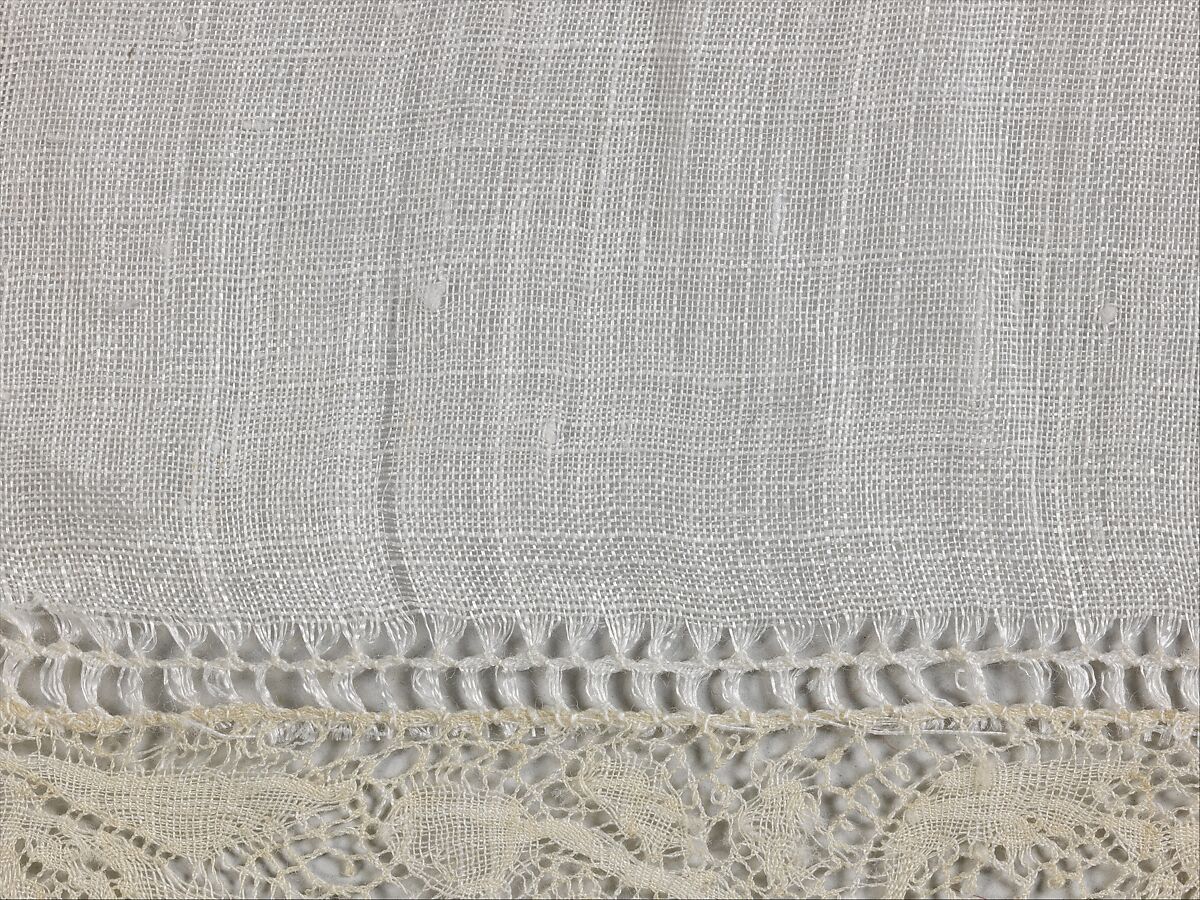 Handkerchief, Plain weave and bobbin lace; warp: undyed linen, Z spun, 42 per cm; weft: undyed linen, Z spun, 26 per cm; lace: undyed linen, 2 Z spun, S plied, Belgian