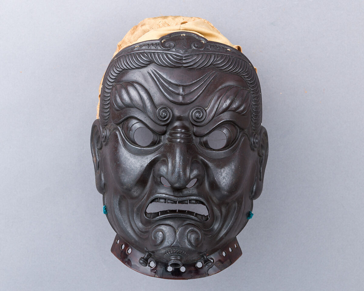 Mask, Inscribed by Myōchin Muneakira (Japanese, Edo period, 1673–1745), Iron, lacquer, textile (silk), Japanese