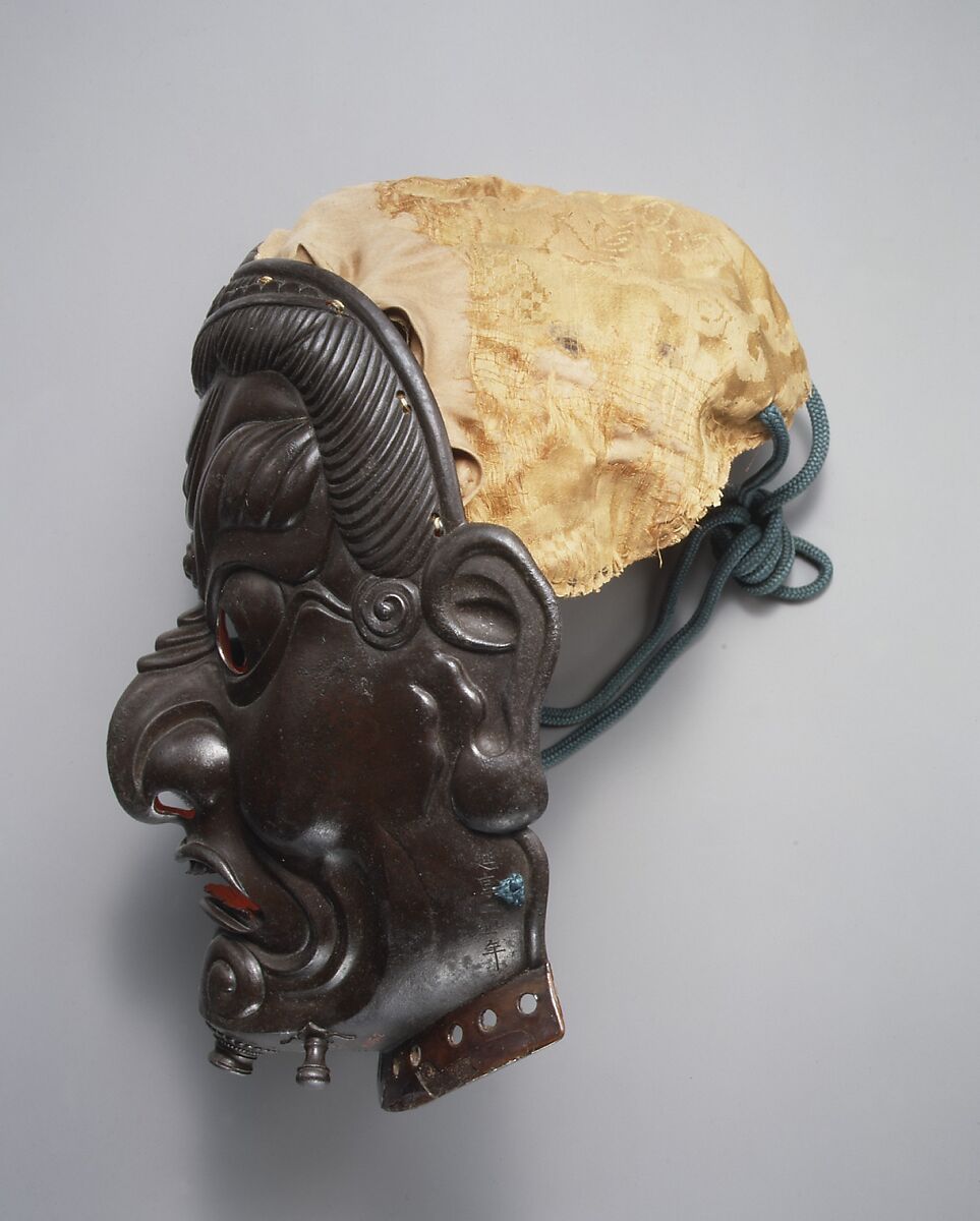 Mask, Inscribed by Myōchin Muneakira (Japanese, Edo period, 1673–1745), Iron, lacquer, textile (silk), Japanese