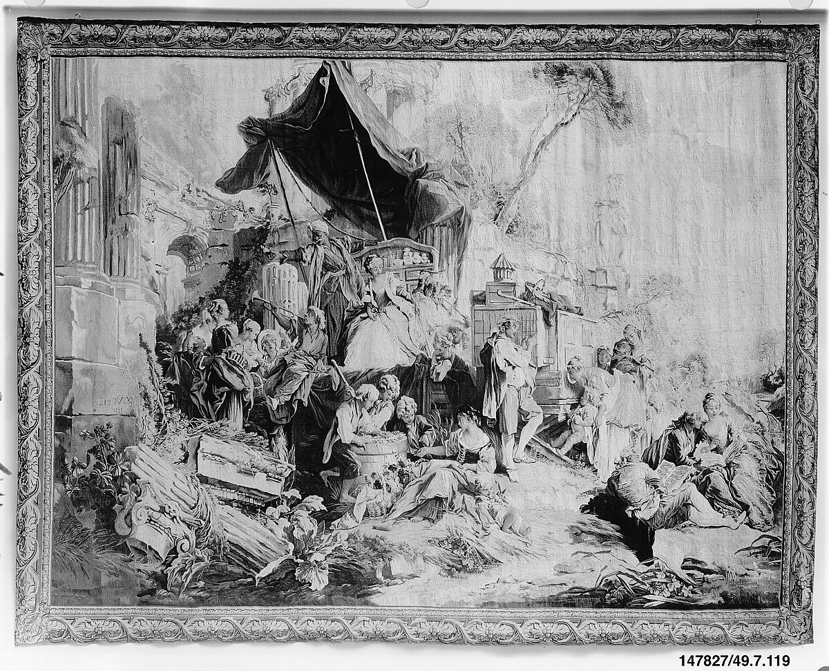 The Charlatan and the Peep Show from a set of Italian Village Scenes, François Boucher (French, Paris 1703–1770 Paris), Wool, silk (19-22 warps per inch, 8-9 per cm.), French, Beauvais