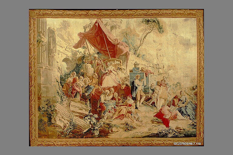 The Charlatan and the Peep Show from a set of Italian Village Scenes, François Boucher  French, Wool, silk (19-22 warps per inch, 8-9 per cm.), French, Beauvais