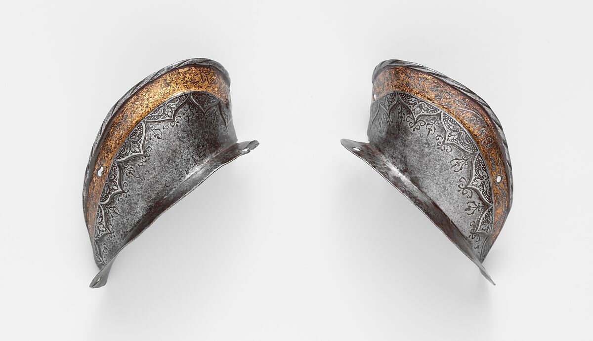 Two Ear Guards from a Shaffron (Horse's Head Defense) of Emperor Charles V (1500–1558), Attributed to Desiderius Helmschmid (German, Augsburg, 1513–1579), Steel, gold, German, Augsburg 
