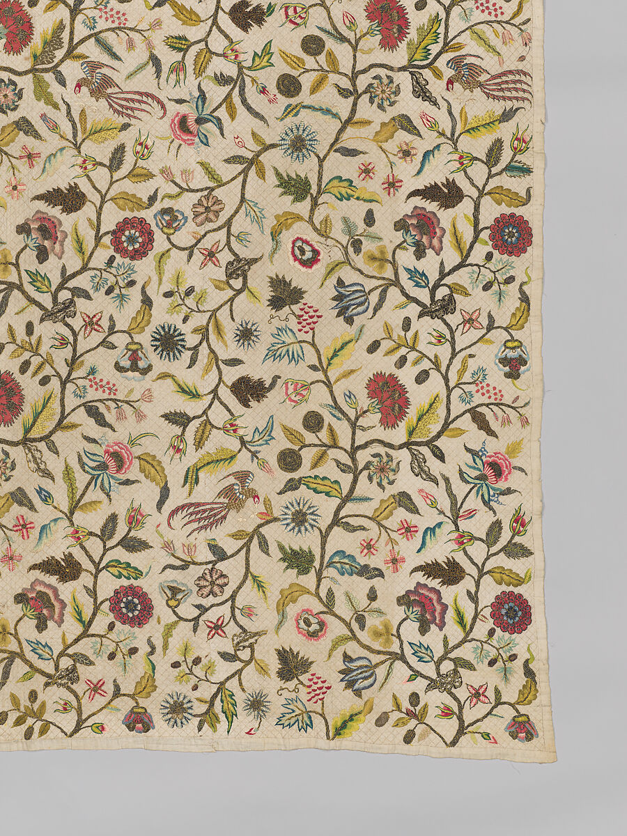 Coverlet, Silk and metal thread on cotton, British