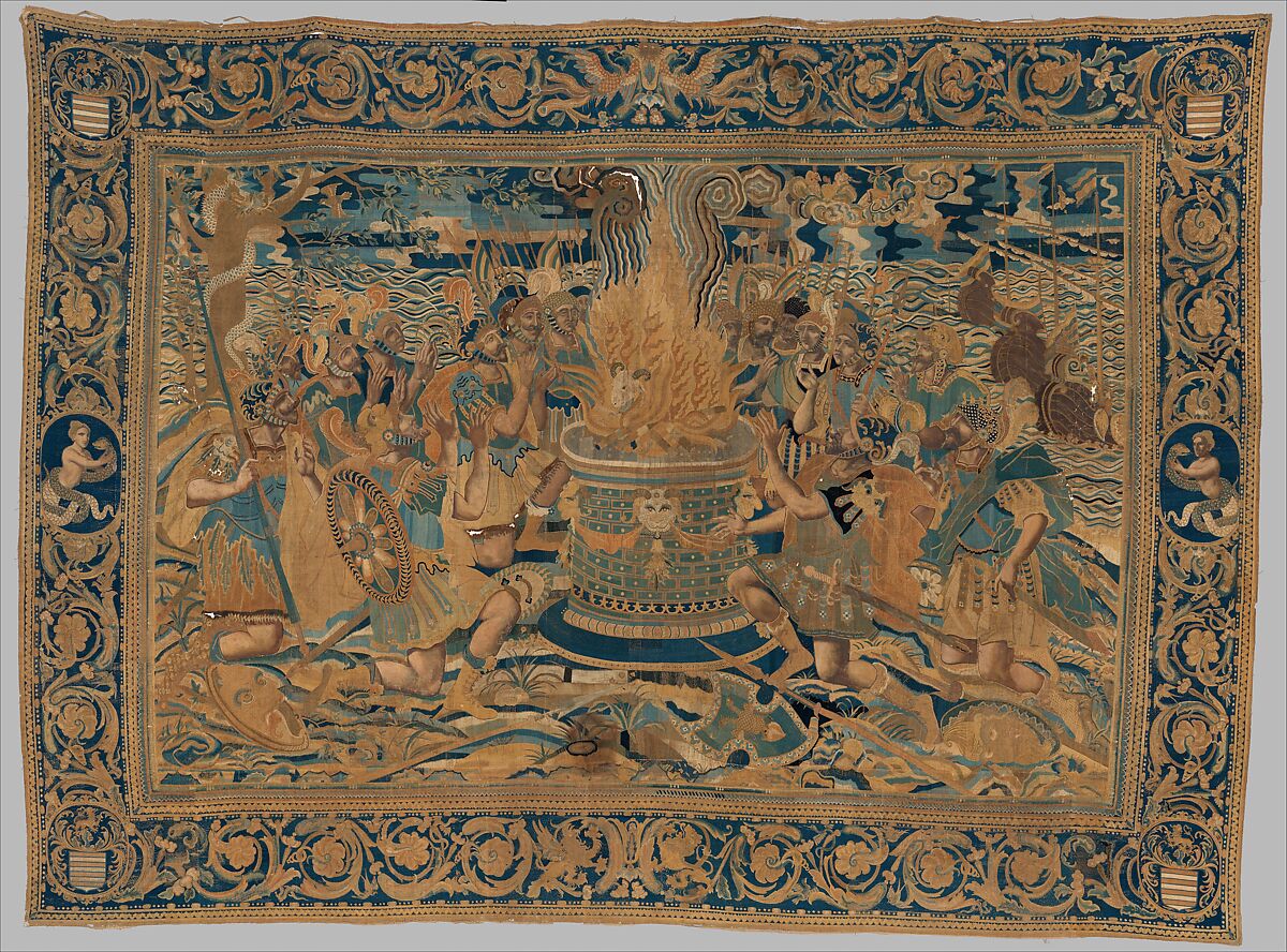 The Prophecy of Calchas from a set of The Story of Troy, Cotton, embroidered with silk and gilt-paper-wrapped thread, pigment, Chinese, Macao, for export market 