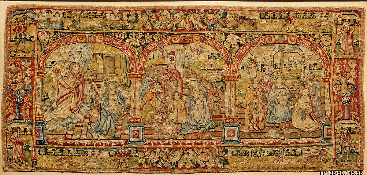 The Annunciation, Adoration of the Shepherds, and Adoration of the Kings, Anonymous Workshop, British , London British, Silk, wool, silver-gilt thread (18-22 warps per inch, 7-8 per cm.), British, probably London