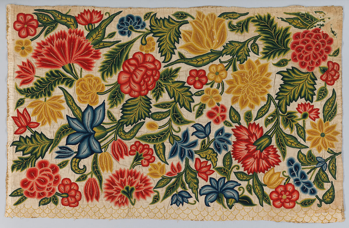 Panel for a petticoat, Wool, silk embroidered on linen, British 