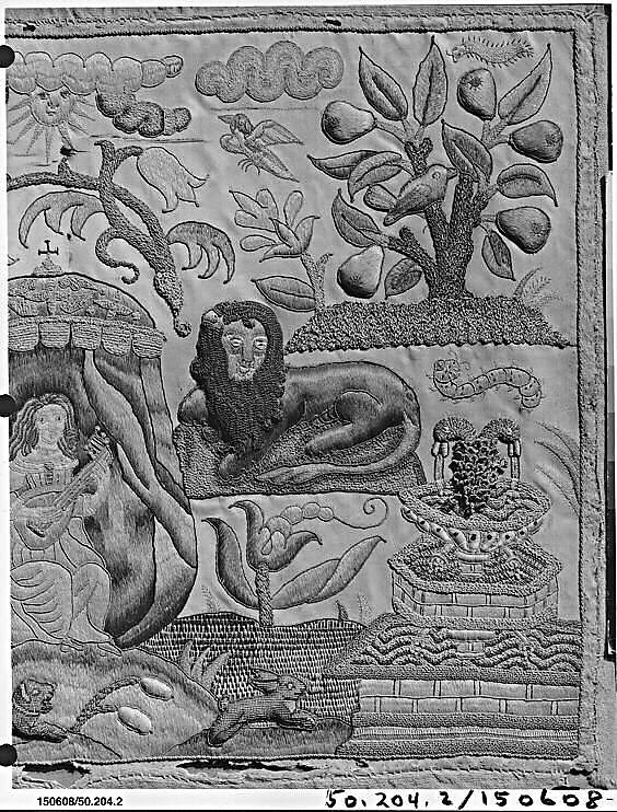 Lady with Lute, Silk, metal thread & purl on silk, British
