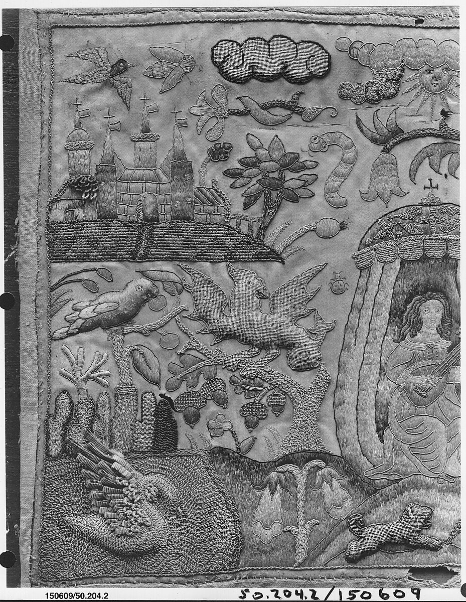Lady with Lute, Silk, metal thread & purl on silk, British