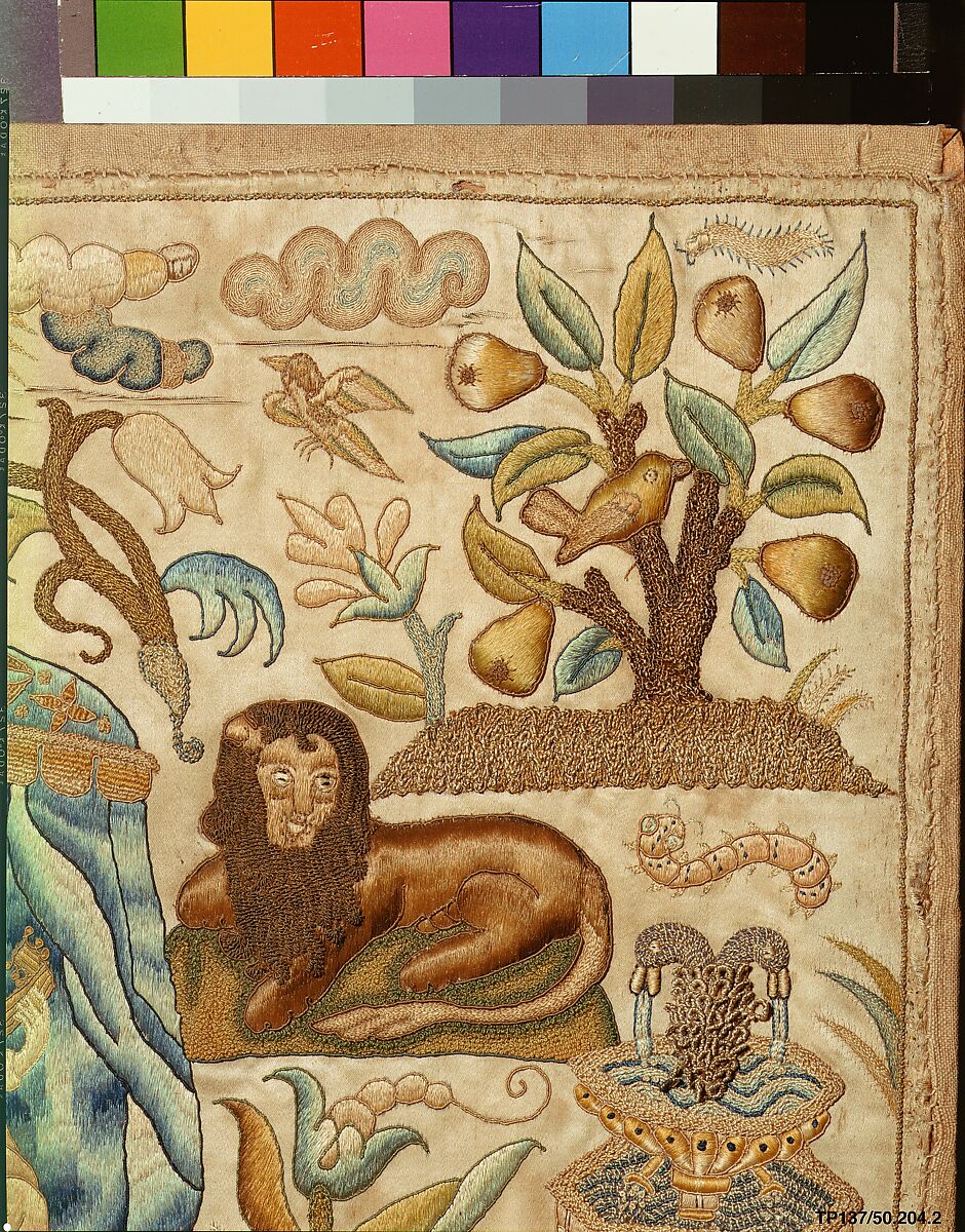Lady with Lute, Silk, metal thread & purl on silk, British