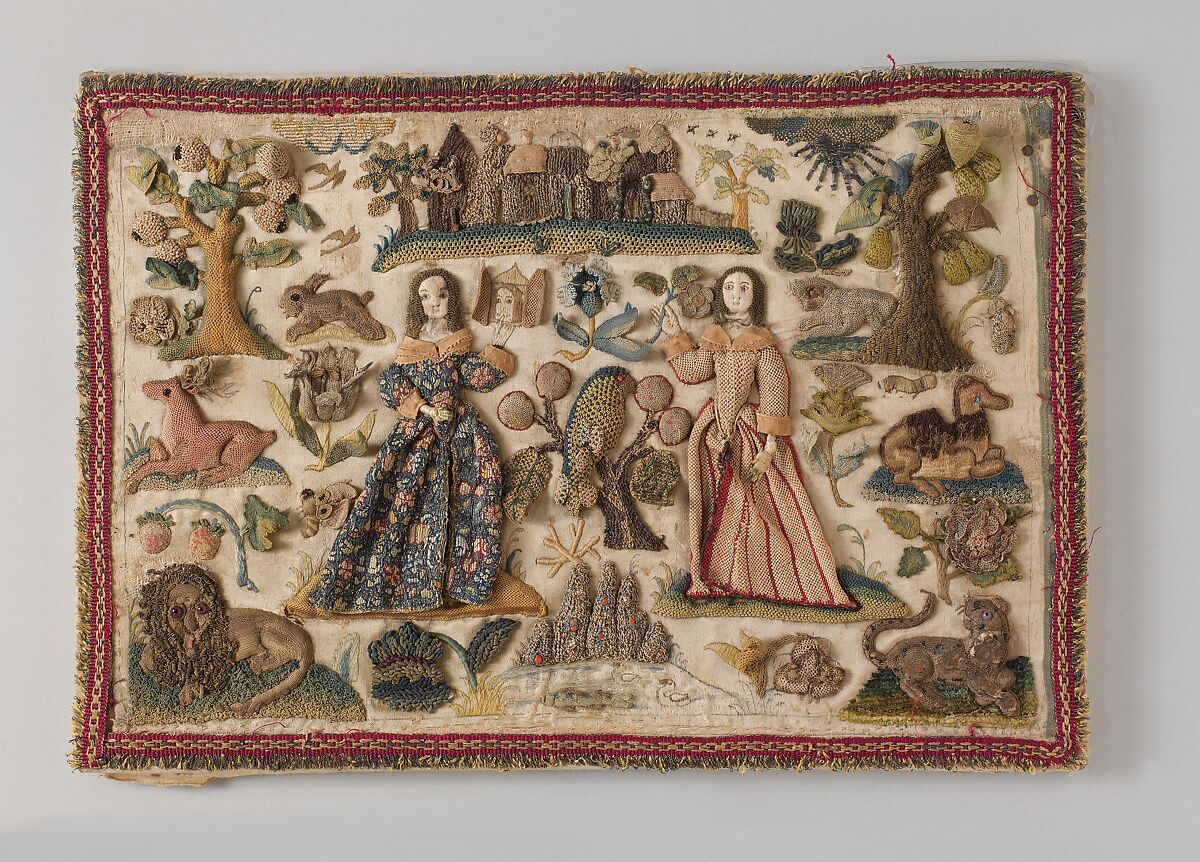 Two ladies in a landscape with a castle, Silk, metal thread, purl, beads on silk, British