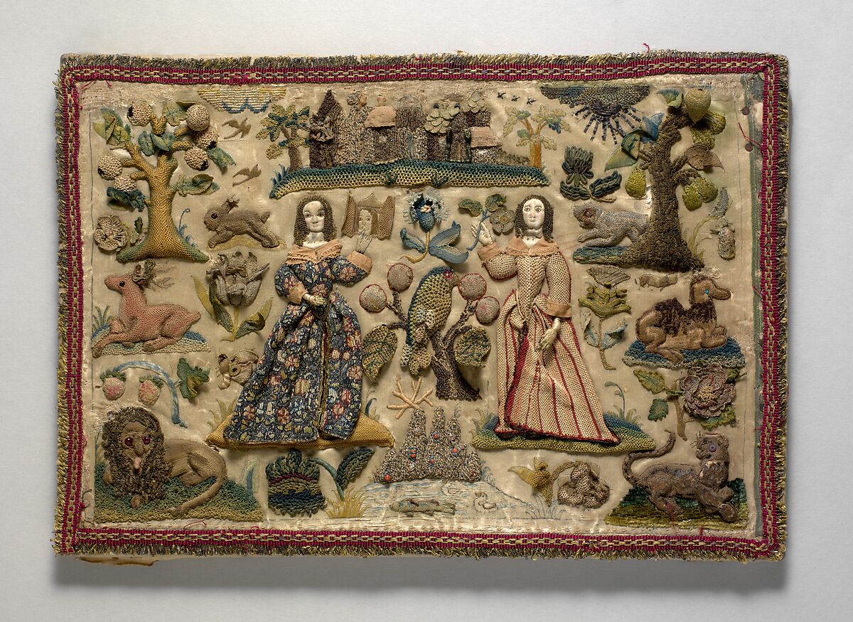 Two ladies in a landscape with a castle, Silk, metal thread, purl, beads on silk, British 