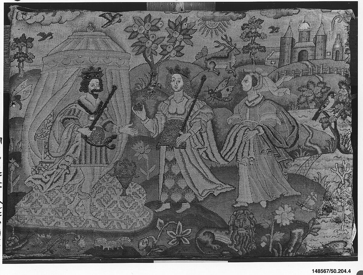 Solomon and the Queen of Sheba, Silk and metal thread on canvas, British 