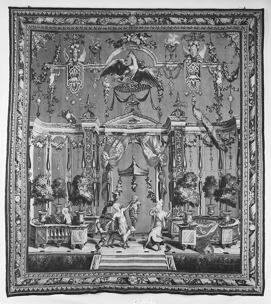 The Offering to Pan from a set of the Berain Grotesques, Jean-Baptiste Monnoyer (French, Lille 1636–1699 London), Wool, silk (21-22 warps per inch, 8-9 per cm.), French, Beauvais 