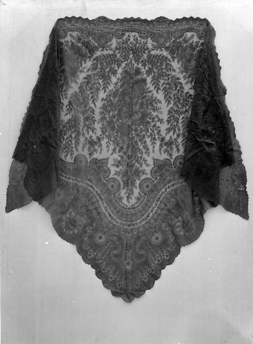 Shawl, Wool (worsted), machine made lace, French 