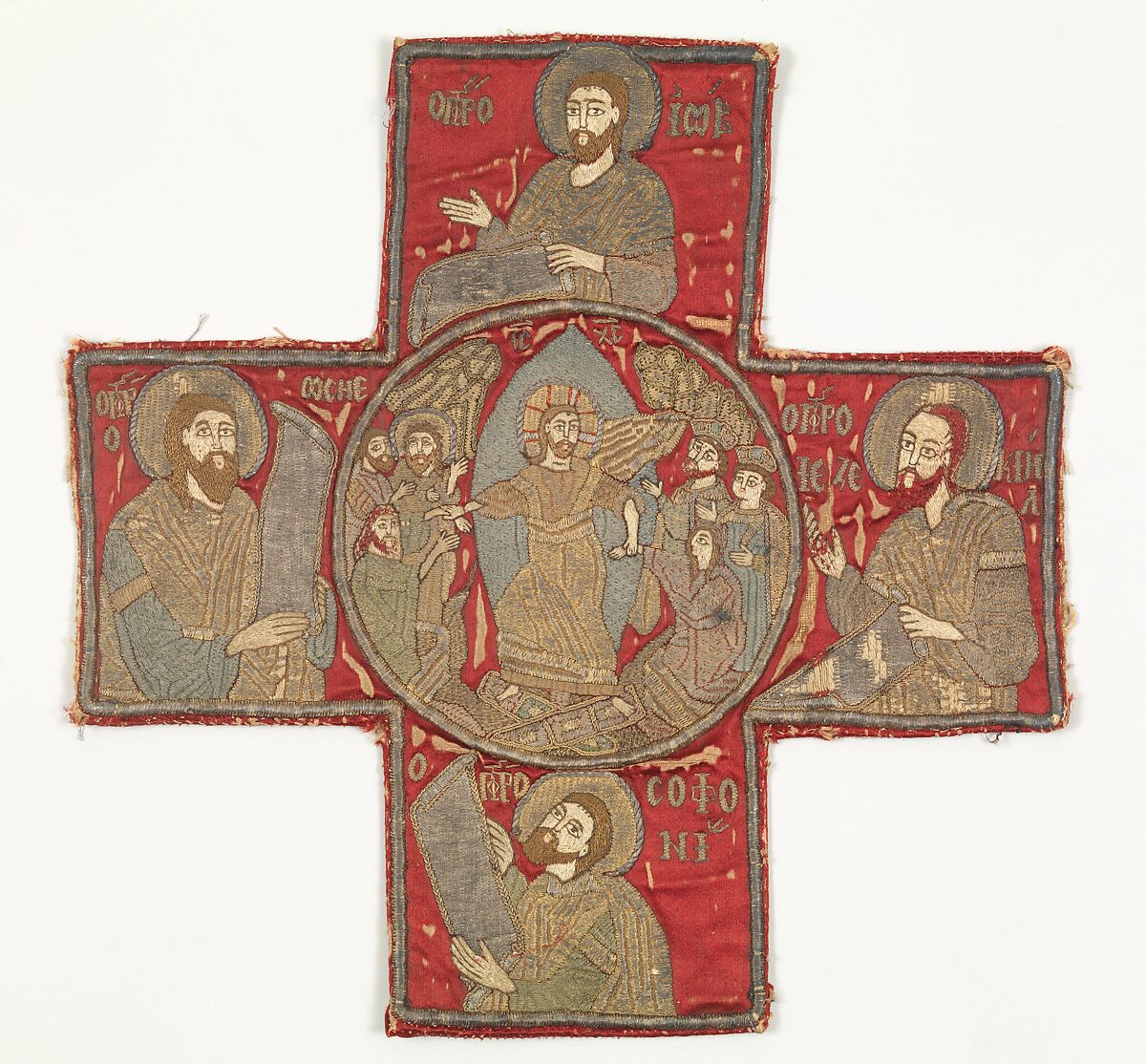 Embroidered cross from an Omophorion, Silk and metal thread embroidery on foundation of silk satin backed with cotton plain weave, Greek or Romanian 