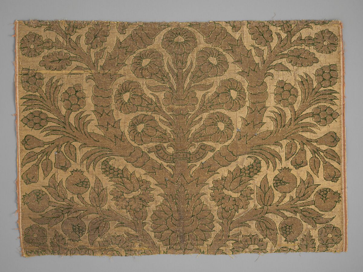 Fragment with Sempervivum tectorum motif, Silk and metal thread, Italian, Milan 
