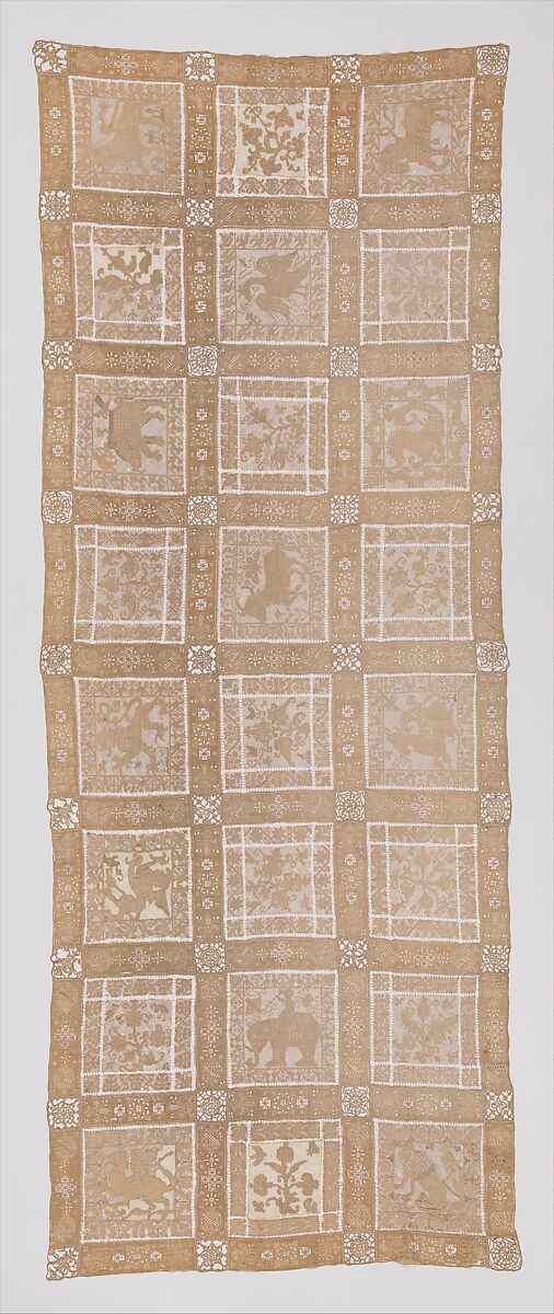 Cover, Linen, embroidered net, cutwork, needle lace, French or Italian